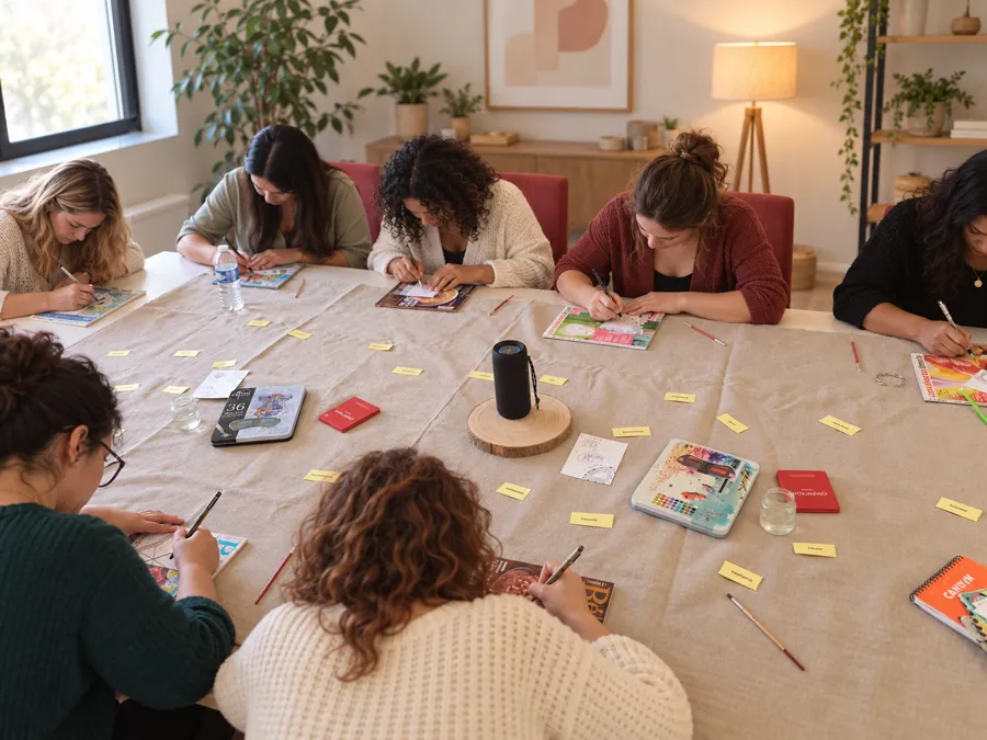Illustration : une équipe en atelier de dessin méditatif autour d'une grande table